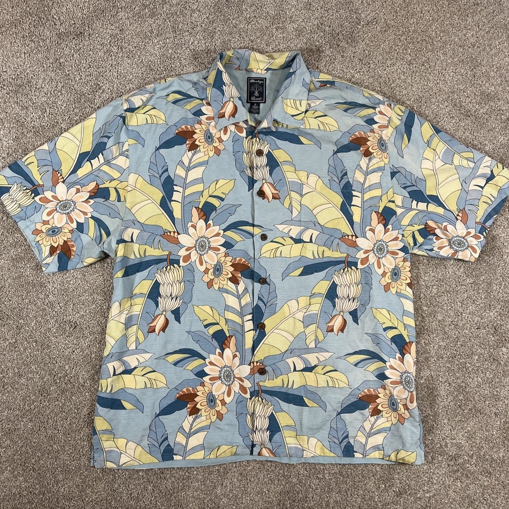 Montego Resort Mens‎ XL Hawaiian Shirt 100% Silk Blue Floral Coconut Button Up